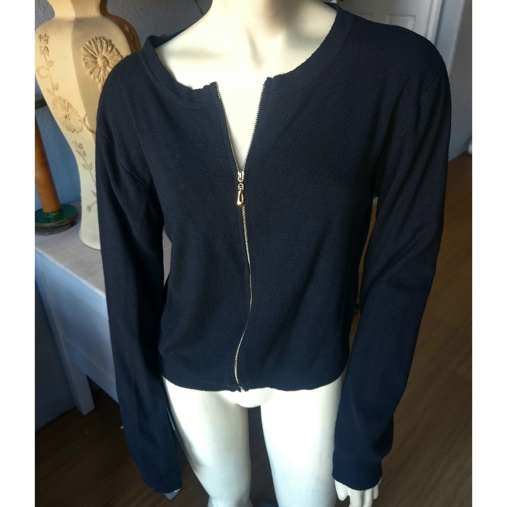 Grace Karin Zip Front Cardigan Sweater Sz XL Waist Length Stretch Rib Knit Black